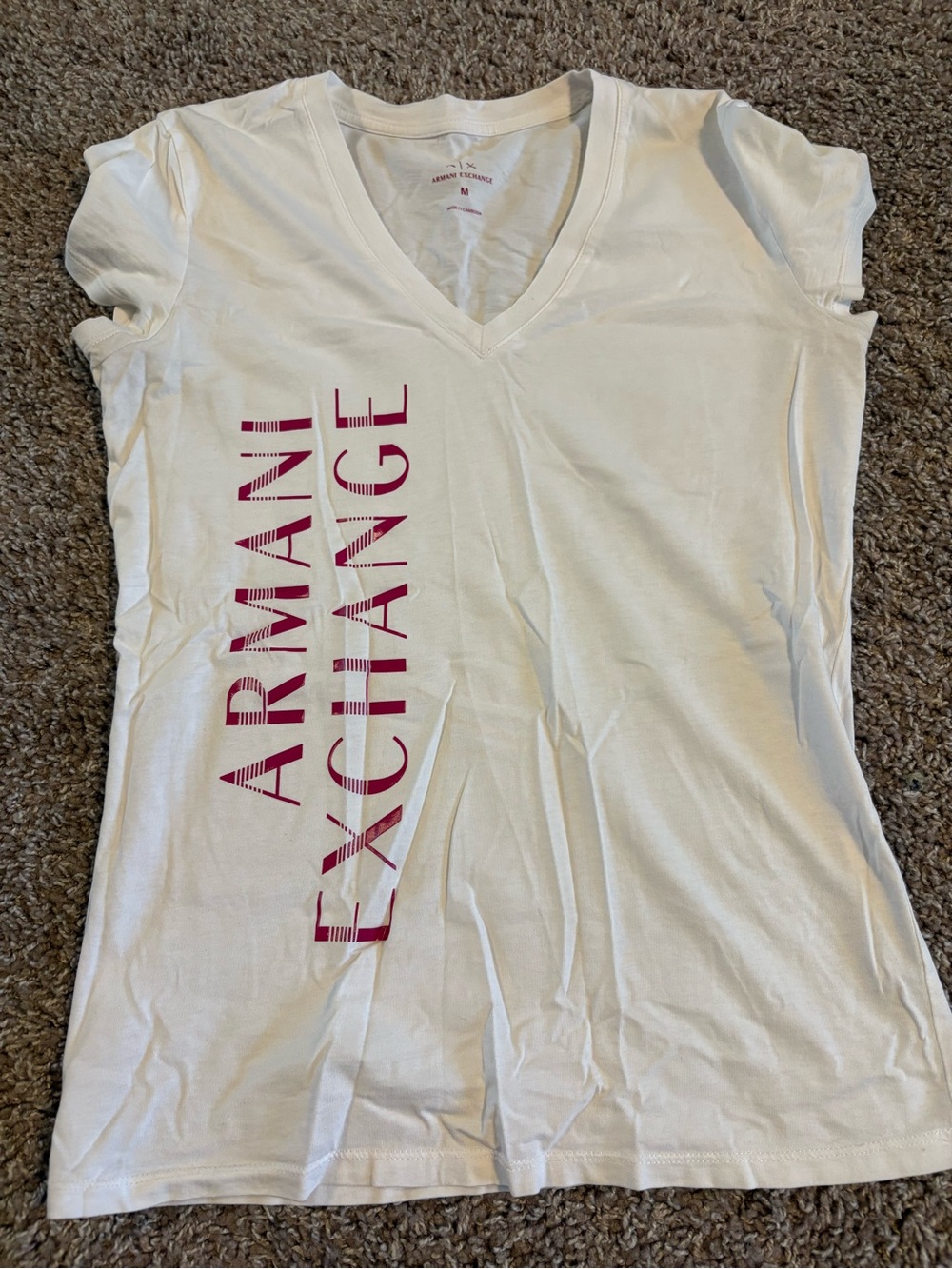 Armani Exchange White V-Neck Tee with Pink Vertical Logo